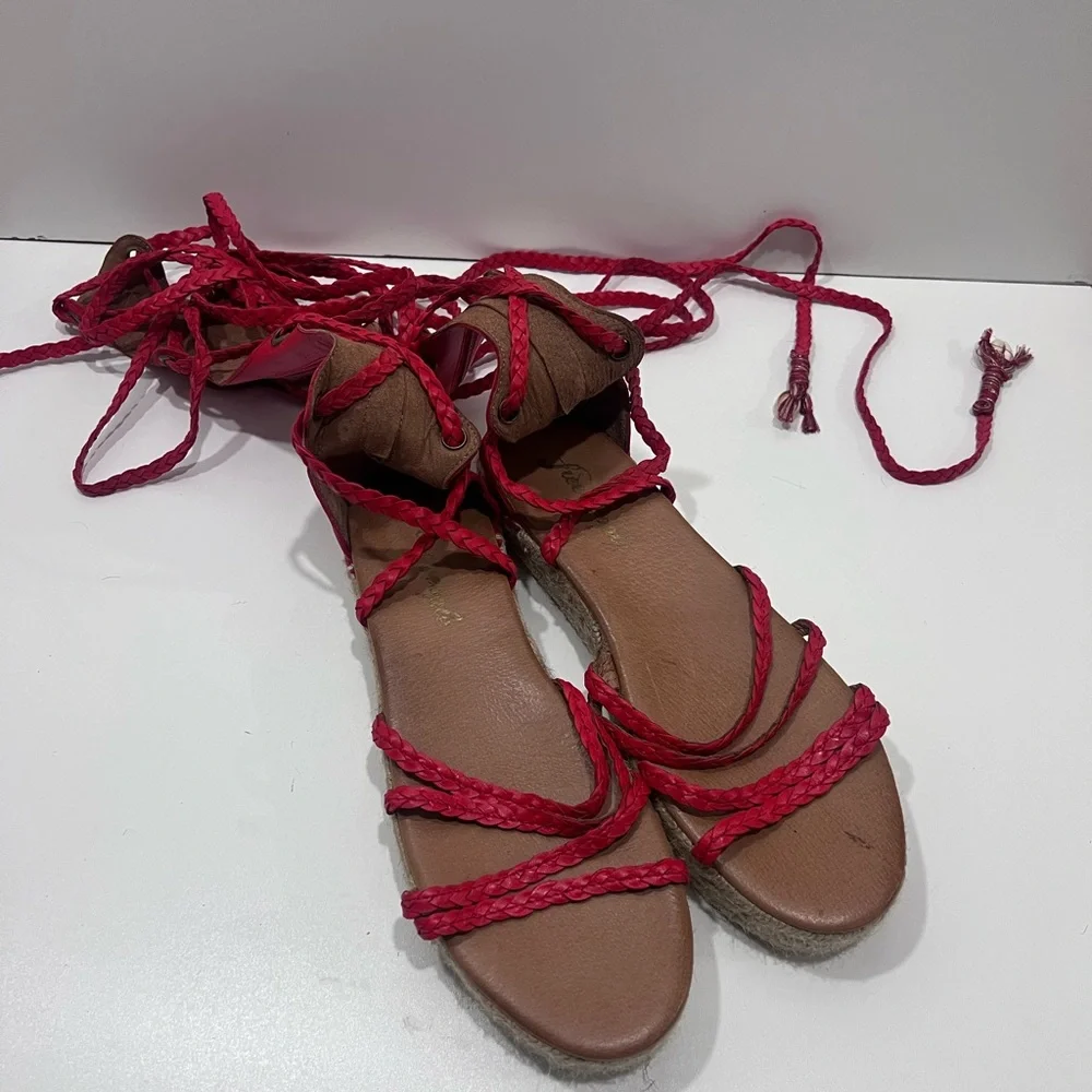 Free People SZ 38 Tall Red Leather Gladiator Lace Up Espidrills Spain Sandals